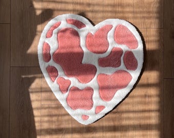 Handmade Pink Heart Tufted Rug – Cow Print Accent Floor Decor