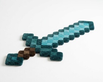 Pixel Diamond Sword Tufted Rug, 8-Bit Gamer Room Decor, Handmade Floor Mat