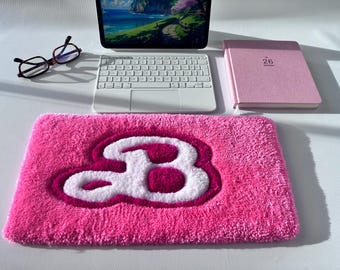 Barbie Inspired Pink Plush Keyboard Rug, Personalized Initial Desk Decor, Custom Tufted Keyboard Mat