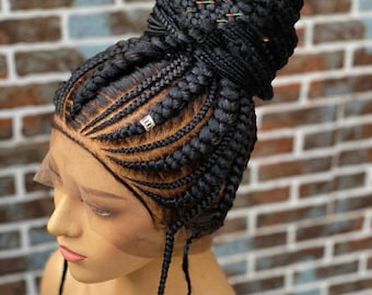Cornrow Braided Wig – Front Lace Braided Wig, Ghana Weaving Style, Handmade Cornrow Wig for Black Women, Natural Braid Wig