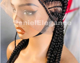 Cornrow Braided Wig – Front Lace Braided Wig, Ghana Weaving Style, Handmade Cornrow Wig for Black Women, Natural Braid Wig