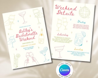 Bunte Bachelorette Weekend Einladung & Reiseplan Vorlage (Canva Editable)