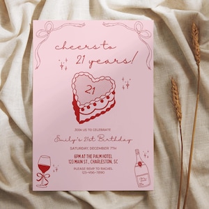 Modelo de convite para 21º aniversário | Convite editável para festa de aniversário desenhado à mão Cheers to 21 Years | Convite de aniversário coquete rosa e vermelho
