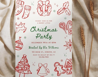 May include: A Christmas party invitation with red and green festive illustrations on a white background. The invitation includes text that reads "Christmas Party" and details about the event, including the date, time, and location.