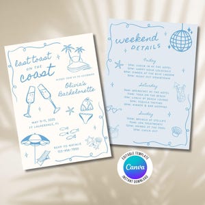 Invitación e itinerario para despedida de soltera en la playa: El último brindis en la costa (plantilla de Canva de 13 x 18 cm)