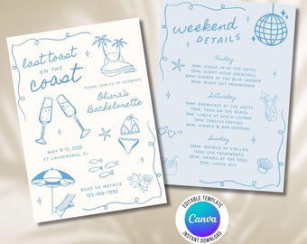 Beach Bachelorette Party Invitation & Itinerary: Last Toast on the Coast (Canva Template 5x7"