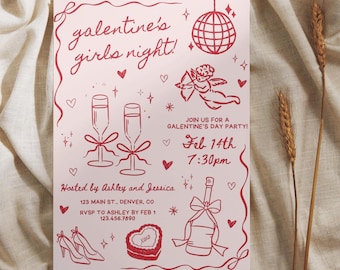 Op de afbeelding: Roze uitnodigingskaart met rode tekst en illustraties. De tekst luidt "galentine's girls night!" en "Sluit je aan bij ons voor een Galentine's Day Party! 14 februari 19:30 uur". De kaart bevat ook illustraties van champagneflutes, een fles champagne, een hartvormige doos bonbons en een cupido met een pijl.