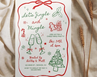 May include: A white invitation with a red border and festive green and red illustrations. The text reads "Let's Jingle and Mingle" with details for a Christmas party, including the date, time, and host's information.