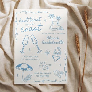 Itinerario per l'addio al nubilato Last Toast On The Coast, invito per l'addio al nubilato in spiaggia, invito per l'addio al nubilato 30A, modello Canva modificabile