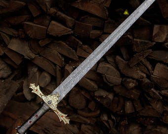 Handmade Damascus Steel Long sword Medieval Knight Fantasy Sword Ornate Handle Collector Gift Best Dad Father's Day Gift for Boyfriend Men,