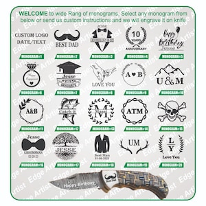 May include: A display sheet featuring twenty distinct black-ink monogram designs for knife engraving, including icons like a mustache, tuxedo, skull, and tree. Below the grid, a folding pocket knife with a patterned handle and blade text is shown.