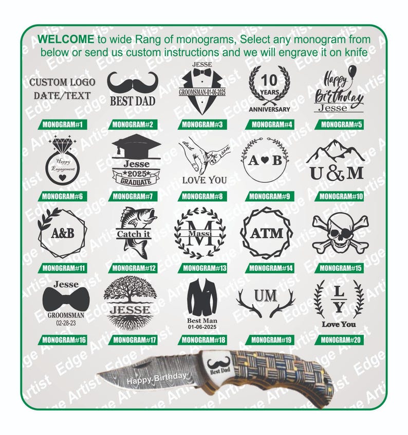 May include: A display sheet featuring twenty distinct black-ink monogram designs for knife engraving, including icons like a mustache, tuxedo, skull, and tree. Below the grid, a folding pocket knife with a patterned handle and blade text is shown.