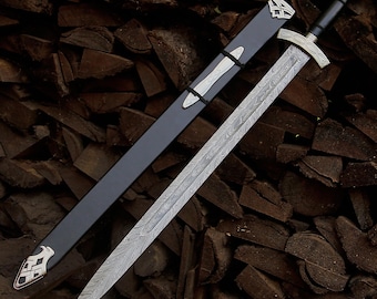 Personalized Hand Forged Damascus Sword with Black Scabbard | Medieval Knight Fantasy Sword, Birthday Anniversary Gift for Boyfriend Husband