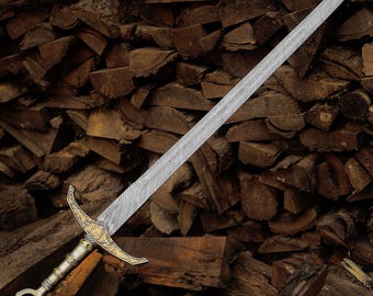 Engraved Damascus Steel Knight Sword | Handmade Medieval Replica | Unique Gift for Collectors, Fathers, or Groomsmen Best man boyfriend gift