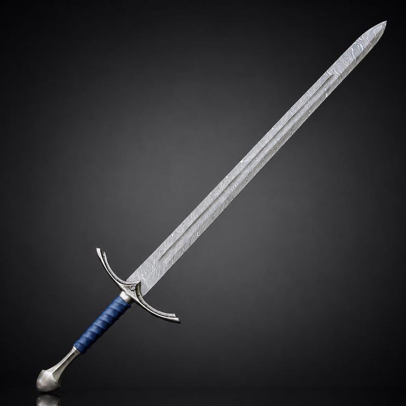Handmade Damascus Steel Long sword | Medieval Knight Sword,Fantasy Sword for Collectors Decorative Sword Gift Birthday Wedding Best Man Gift Azure Blue Warden