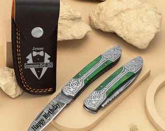 Handgemaakt damaststaal gepersonaliseerd zakmes, stalknecht cadeau, cadeau vriendje, verjaardagscadeau, verjaardagscadeau, Thanksgiving-cadeau voor hem