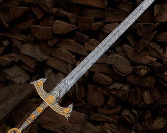 Personalized Handmade Damascus Steel Long Sword, Medieval Fantasy Collectible Display Blade, Anniversary Birthday Gift for Men Best Dad Gift