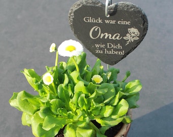 Grabstecker Herz aus Schiefer, verschiedene Designs, Mama, Papa, Oma, Opa, Grab Stecker Schiefer Herz Edelstahlstecker