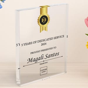 10 Year Service Award Plaque - Employee Recognition Gift - Custom Work Anniversary Acrylic Trophy - Thank You Gift