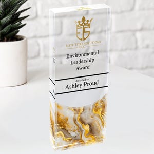May include: A clear glass award with a gold and white marble design. The award has the text "Elite Title Solutions LLC" and "Environmental Leadership Award" on it. The award is given to "Ashley Proud".
