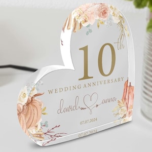 Gepersonaliseerde 10e verjaardagscadeau, 10e verjaardag acryl hartplaat, 10e verjaardag cadeau, huwelijksverjaardag cadeau voor man vrouw