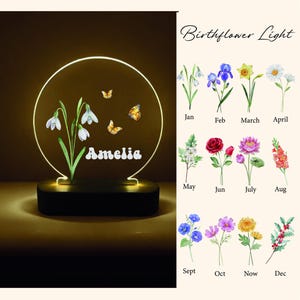 Personalized Birth Month Flower Acrylic Night Light, Boho LED Light, Custom Name, Flower Nursery Decor, Baby Shower Gift, Christmas Gift