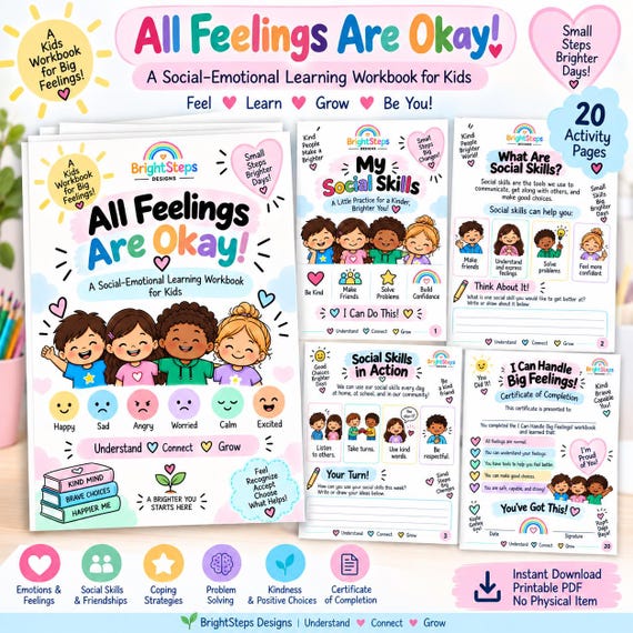 Kids Feelings Workbook | SEL Activities, Coping Skills (Digital Download)