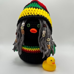 Winston!   Handmade Crochet JamaicanDuck Plushie: Rasta Hat, Acrylic Yarn, 10.5" Tall.  Rubber duck for size reference only, not included.