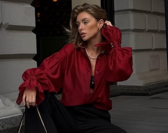 Burgundy Blouse for Women, Elegant Long Sleeve Shirt, Minimalist Oversized Top, Classy Victorian Style Blouse, Handmade Gift for Her