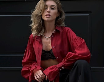 Burgundy Long Sleeve Blouse, Elegant Minimalist Women’s Top, Oversized Shirt Tunic, Classy Victorian Style Blouse, Gift for Her Outfit