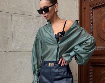 Olive Green Shirt for Women, Elegant Long Sleeve Blouse, Minimalist Oversized Top, Classy Style Shirt, Relaxed Fit Tunic, Gift for Her