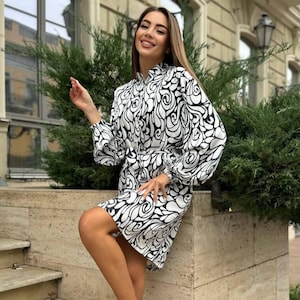 Stylish Women Dress with Floral Print, Silky Mini Spring Dress, Long Sleeve Shirt Dress with Waist Belt, Gift for Women, Party Outfit