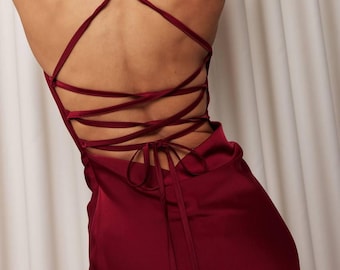 Burgundy Satin Midi Dress, Elegant Silk Cocktail Dress, Sexy Sleeveless Evening Dress for Women, Long Satin Prom Dress, Formal Outfit