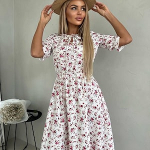 Cute Floral Midi Dress for Summer, Women Fit and Flare Dress, Light Everyday Sundress with Pink Flowers, Cottagecore Outfit, Gift for Mom