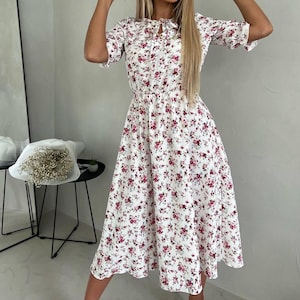 Puff Sleeves & Flowy Skirt Dress In Vintage Style, Romantic Summer Dress, White Floral Midi Dress, Cute Women&#39;s Sundress, Gift for Her
