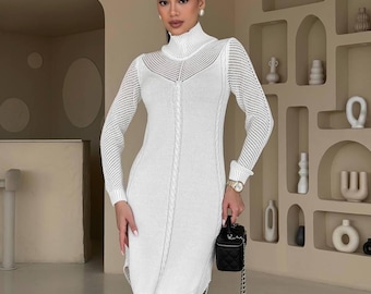 Vestido midi de suéter blanco, elegante vestido de algodón para mujer, vestido de oficina modesto, vestido de cóctel de otoño, regalo de atuendo de noche elegante