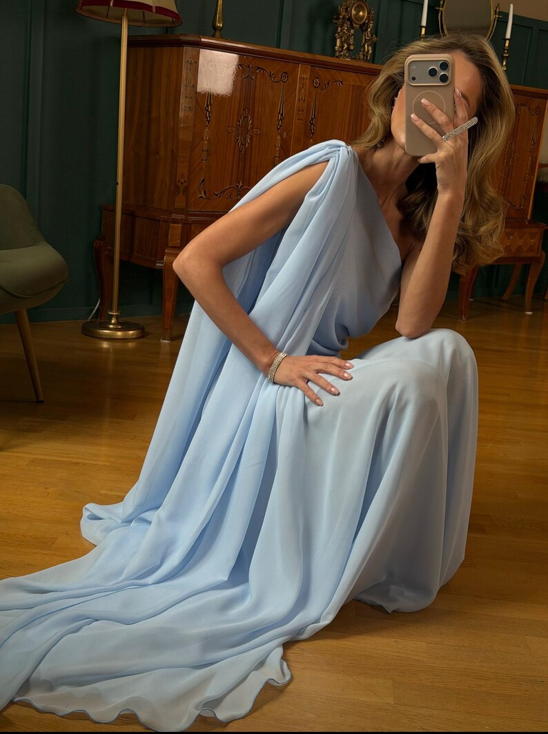 One Shoulder Chiffon Maxi Dress Grecian Style Gown Pale Yellow Goddess Style Flowy Minimalist Wedding Guest Dress Ethereal Evening Gown image 18