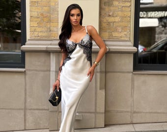 White Satin Slip Dress with Black Lace, Backless Silk Cami Midi Dress, Bridal Shower Dress, Sexy Bachelorette Open Back Evening Dress