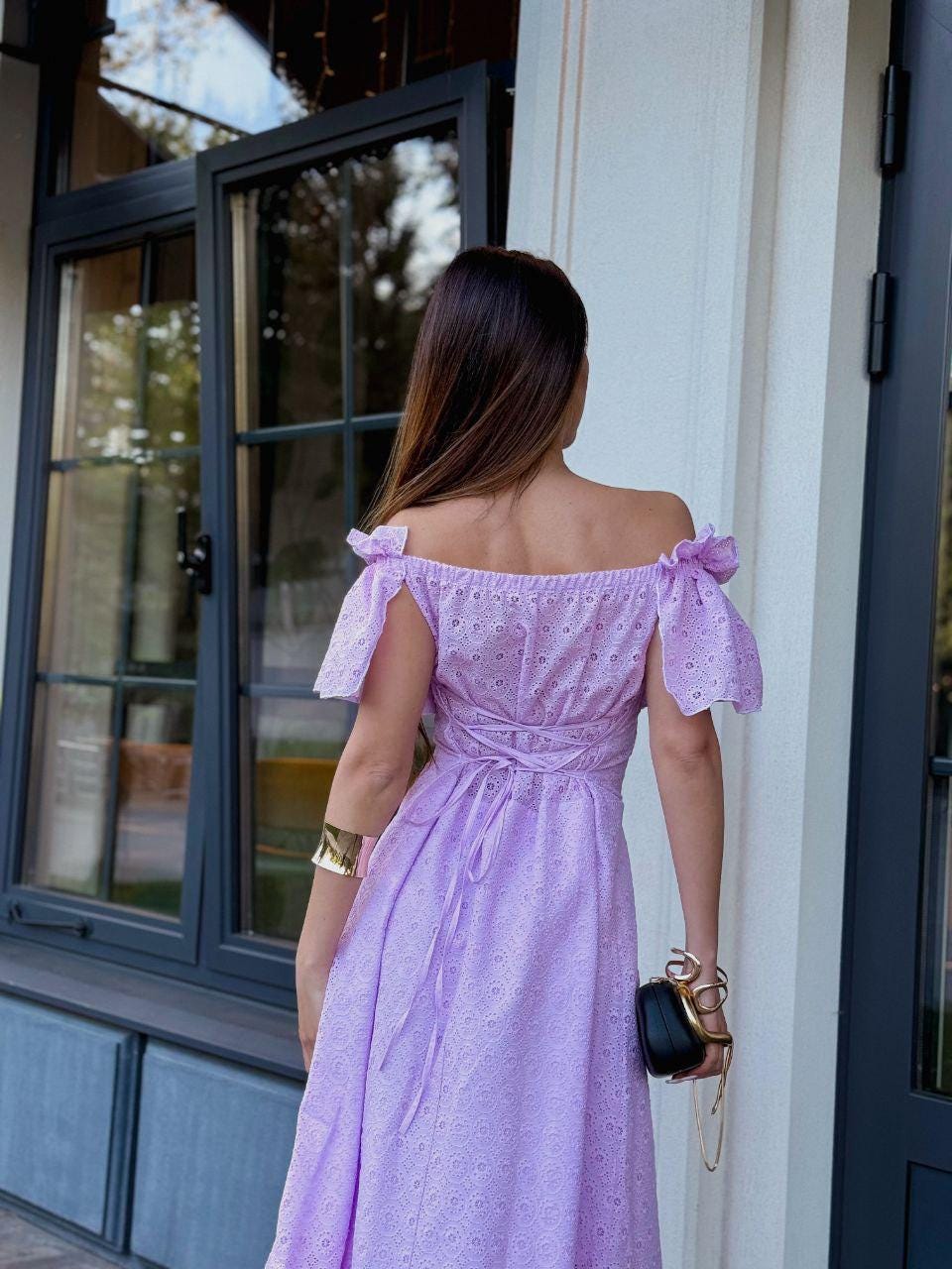 Lilac Ruffle Midi Dress - Elegant Cocktail And Beach Outfit, Feminine Summer Dress For Women, Modest Vacation Or Gift Choice Lilac Ruffle Midi Dress - Elegant Cocktail And Beach Outfit, Feminine Summer Dress For Women, Modest Vacation Or Gift Choice