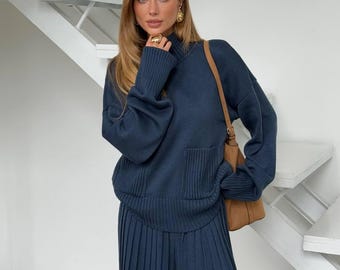 Women’s Knit Set, Ribbed Two Piece Sweater And Skirt Outfit, Oversized Knitted Suit, Cozy Loungewear, Vintage Style Gift