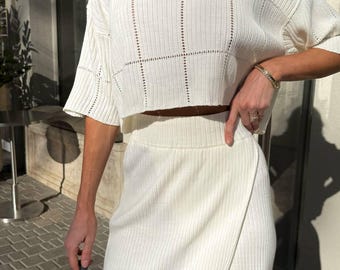 White Knit Skirt Set, Cotton Viscose Summer Two Piece, Minimalist Crop Top and Midi Skirt, Elegant Resort Wear for Women, Luxury Outfit