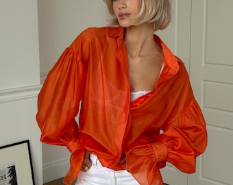 Elegante blusa naranja, camisa de manga larga para mujer, top minimalista extragrande, blusa elegante de estilo victoriano, túnica holgada, regalo para ella.