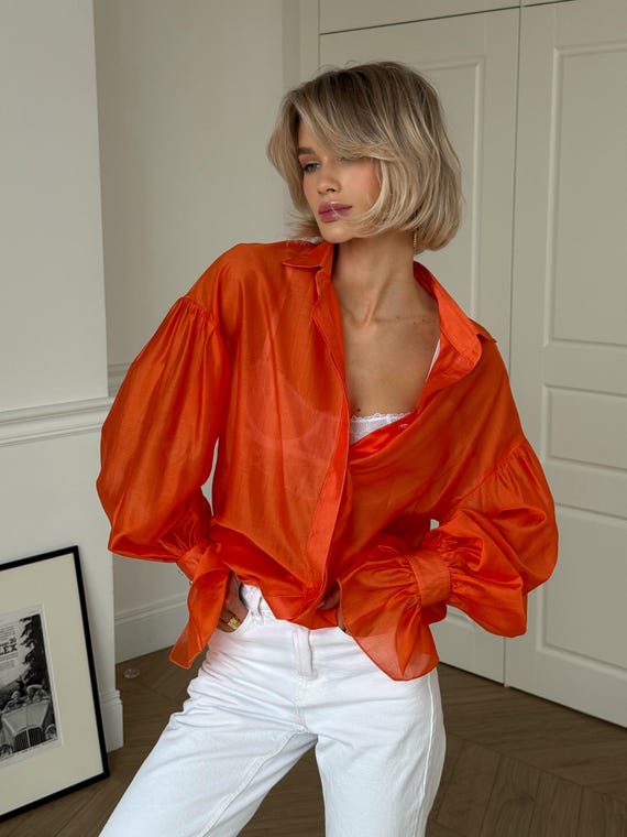 orange womens dress shirt Elegant Orange Blouse, Long Sleeve Women's Shirt, Oversized Minimalist Top,  Classy Victorian Style Blouse, Relaxed Fit Tunic, Gift for Her
