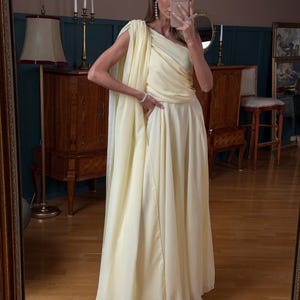One Shoulder Chiffon Maxi Dress Grecian Style Gown Pale Yellow Goddess Style Flowy Minimalist Wedding Guest Dress Ethereal Evening Gown image 5