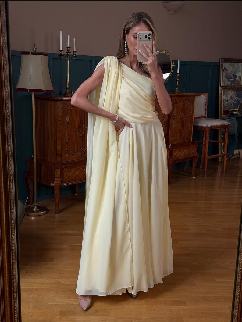 One Shoulder Chiffon Maxi Dress Grecian Style Gown Pale Yellow Goddess Style Flowy Minimalist Wedding Guest Dress Ethereal Evening Gown image 5