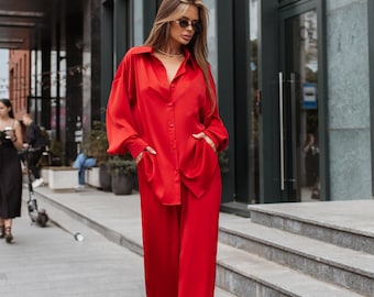 Rode 2-delige set, zijden satijnen pak, wijde broekset, felrood broekpak voor dames, zijden loungekleding, casual oversized satijnen combi-set