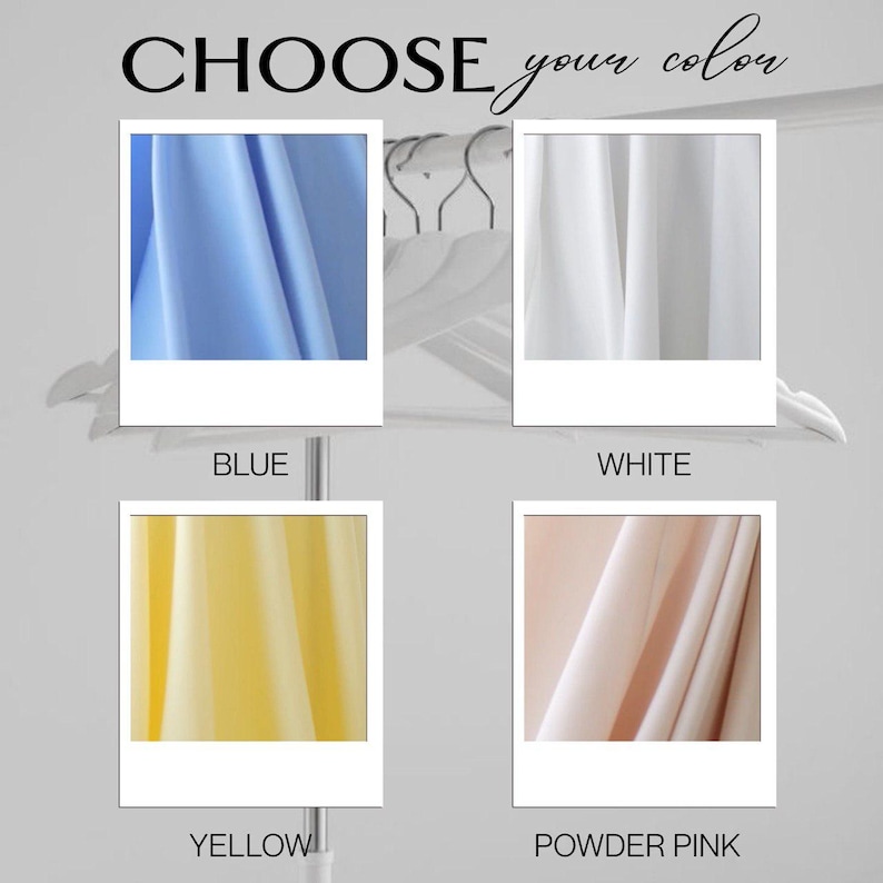 Pu&ograve; includere: Immagine con il testo "CHOOSE your color" sopra quattro campioni di colore. I campioni sono blu, bianco, giallo e rosa cipria. I colori sono visualizzati come tessuto drappeggiato su un appendiabiti.