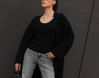 Women’s Black Knit Cardigan, Oversized Chunky Sweater With Top, Long Boho Knitwear Set, Cozy Handmade Gift For Her