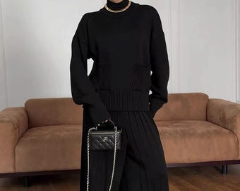 Black Knit Set, Ribbed Two Piece Sweater And Skirt Outfit, Elegant Knitted Suit For Women, Cozy Oversized Loungewear Gift