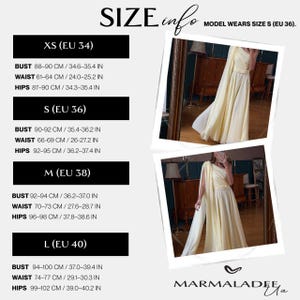 May include: A pale yellow, one-shoulder formal gown with a flowing skirt. The image includes size information with bust, waist, and hip measurements in inches and centimeters. The text reads "SIZE info" and "MODEL WEARS SIZE S (EU 36)."
